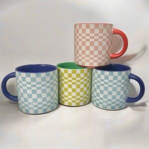 Indigo Checkered Retro Funky 70’s Style Ceramic Mug Set